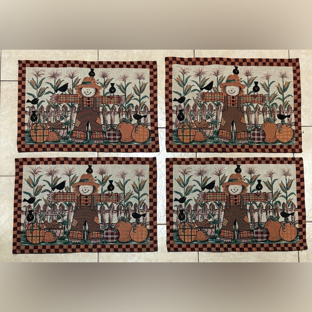 VTG Fall Autumn Thanksgiving Placemats Corn Field Pumpkins Scarecrow Harvest